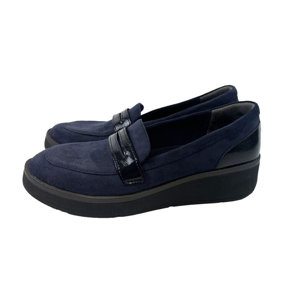 Bzees Fast‎ Track Platform Loafer Navy Blue Faux Suede Wedge Slip On Womens 10